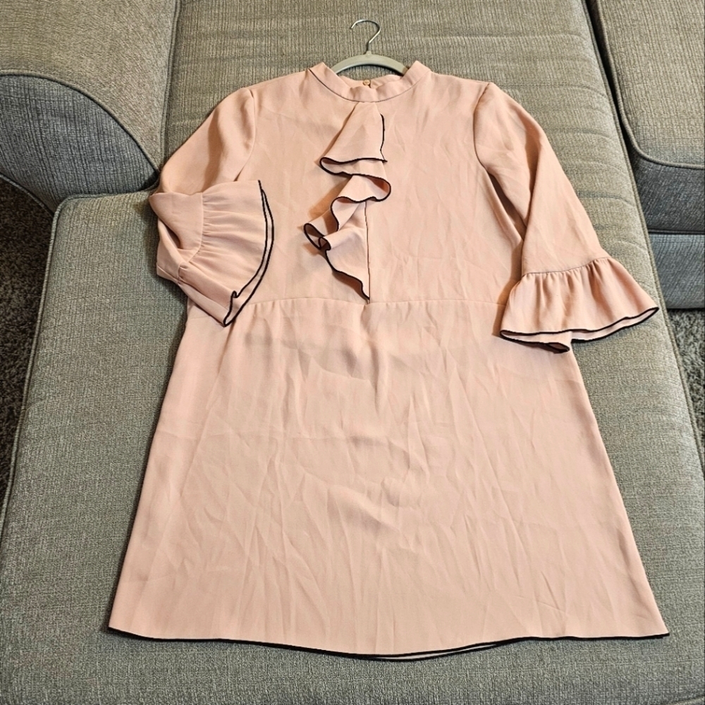 Zara Basic Dusty Pink Black Lined Ruffle Casual Sleeve Dress Size Small